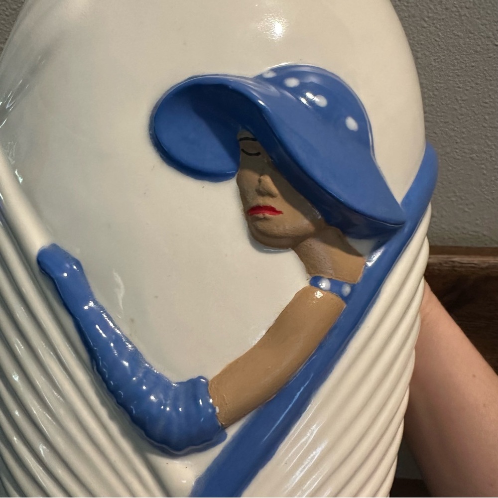 Vintage 80s Ceramic Art Deco Style 3D Lady Bust Vase Blue & White - Picture 5 of 7